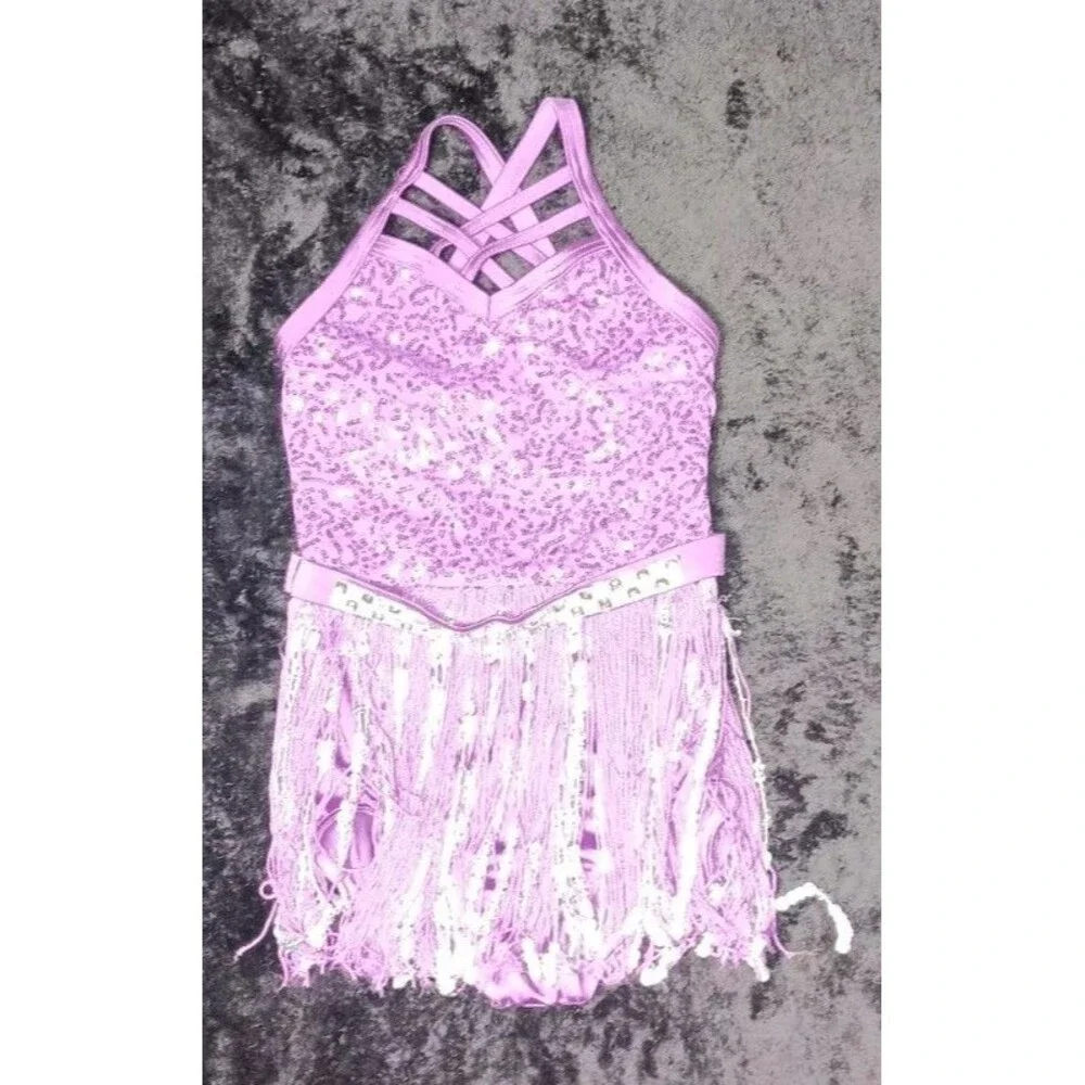 Weissman Sequin Fringe Leotard Dress Dance Costume SC Purple Jazz Tap Recital